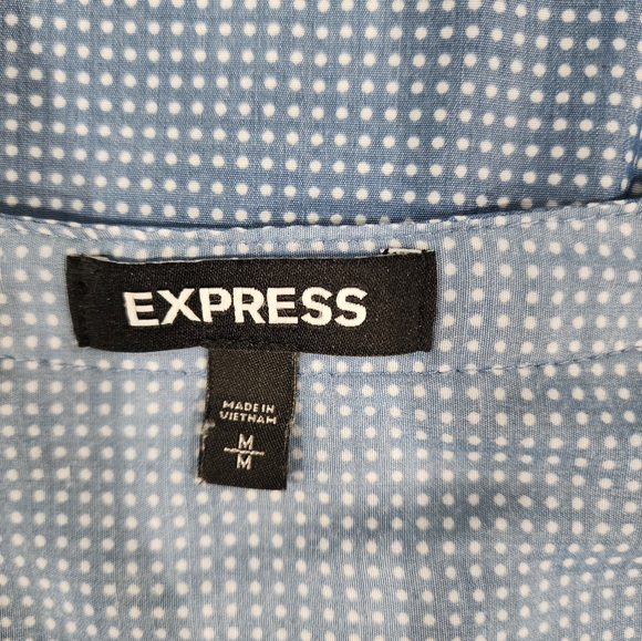 Express Cadet Blue Micro Polka Dot Blouse Roll Tab Sleeve Medium - Picture 3 of 6